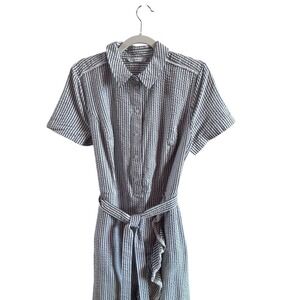 Isaac Mizrahi Gray White Stripe Seersucker Woman's Sz 12 Shirt Dress Ruffle Tie